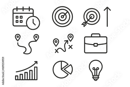 Planning Icon Set. Outline icon set of long-term planning: calendar, clock, target, arrow, road map,