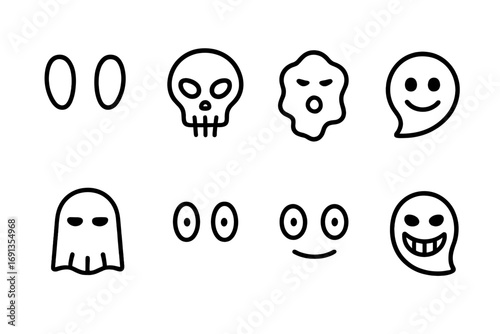 Ghostly Feature Icons. Outline icon set of ghostly facial features: hollow eyes, skull mask, ghost mouth, misty face, spectral