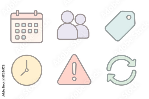 Minimalist pastel icons set with timetable, user group, price tag, schedule clock, alert warning, and refresh arrows, vector cartoon illustration, transparent background, organized icons collection