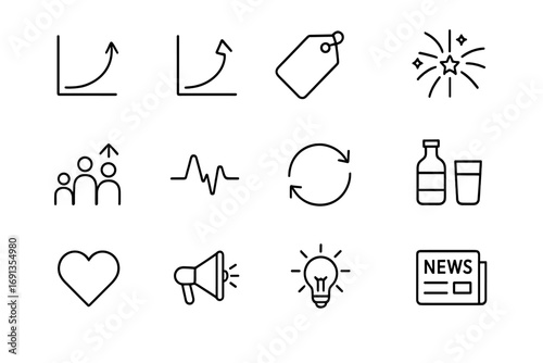 Demand Shifts Icons. Outline icon set of shifts in demand: rightward arrow curve, leftward arrow curve, sale tag, festival