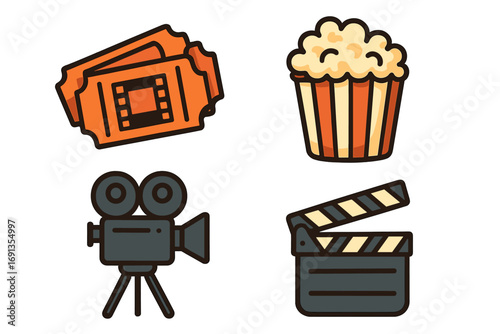 Cinema icon set for movie festival. Film production elements: vintage camera, clapperboard, popcorn, ticket. Flat cartoon vector illustration for entertainment concept.