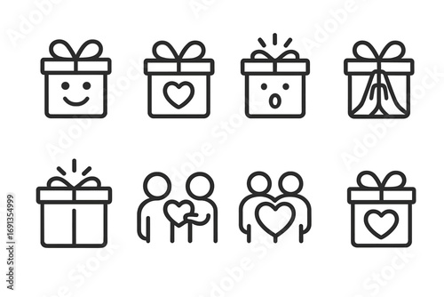 Gift Icon Set. Outline icon set of gift emotions: smiling face, heart, surprise, gratitude, excitement, friendship, love,