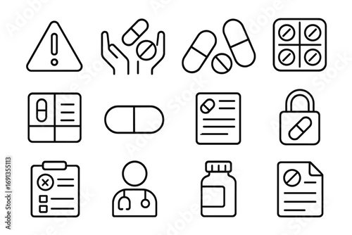 Medication Safety Icons. Outline icon set of medication safety: warning sign, hands, pills, blister pack,