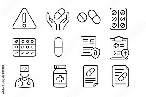 Medication Safety Icons. Outline icon set of medication safety: warning sign, hands, pills, blister pack,