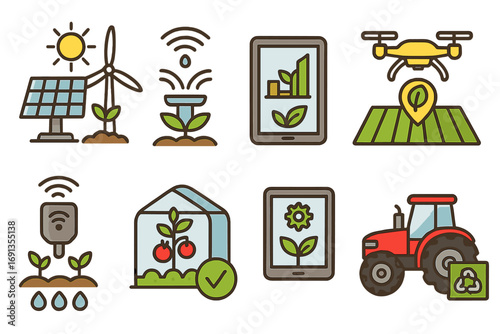 Smart farming and agricultural technology icon set. Agritech innovation for sustainable practices. Vector icons for precision agriculture, drone, renewable energy, and IoT.