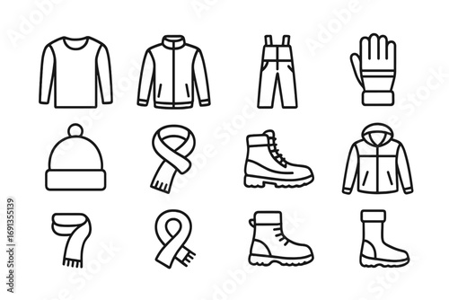 Winter Sports Gear Icons. Outline icon set of Winter sports layering: thermal shirt, fleece jacket, snow pants