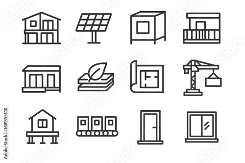 Prefabricated Home Icons. Outline icon set of modern prefabricated homes: prefab house, solar panel, modular