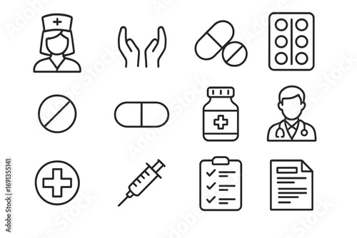 Healthcare Icon Set. Outline icon set of caring for patients: nurse, hands, pills, blister pack, tablet,
