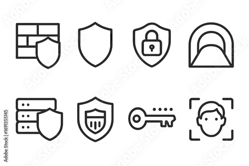 Glossy and Protective Icons. Outline icon set of glossy household items: ceramic vase, glass bottle, polished table, metal faucet,