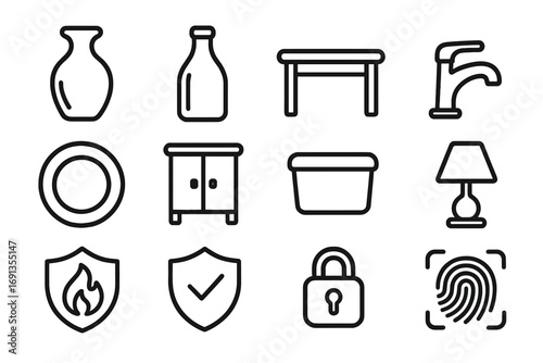 Glossy and Protective Icons. Outline icon set of glossy household items: ceramic vase, glass bottle, polished table, metal faucet,