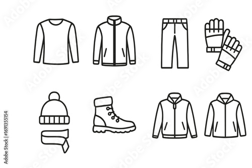 Winter Sports Gear Icons. Outline icon set of Winter sports layering: thermal shirt, fleece jacket, snow pants