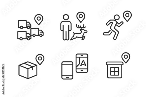 GPS Tracking Icons. Outline icon set of GPS tracking applications: fleet management, personal tracking, wildlife tracking, sports
