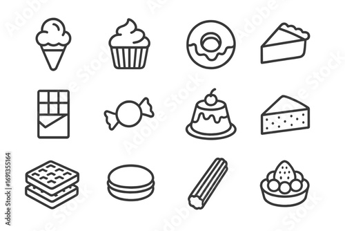 Dessert Icon Set. Outline icon set of desserts and sweets: ice cream cone, cupcake, donut, pie slice, chocolate bar, candy,