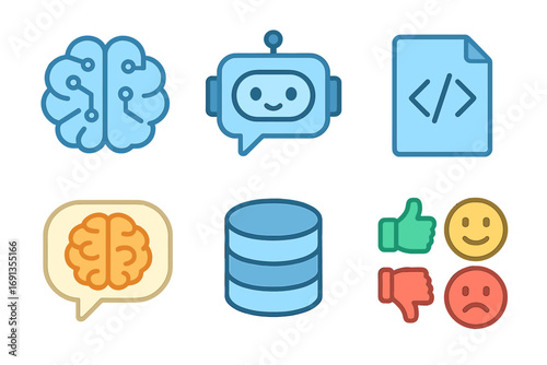 Modern flat AI icons set with chatbot, coding, NLP brain, database, sentiment analysis symbols. Vector cartoon illustration with transparent background. Technology and communication concepts.