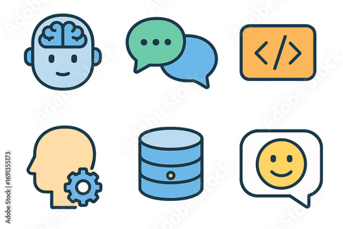 Modern flat vector icons set of AI brain, chat bubbles, programming code, NLP technology, database storage, and sentiment analysis with transparent background ordered collection