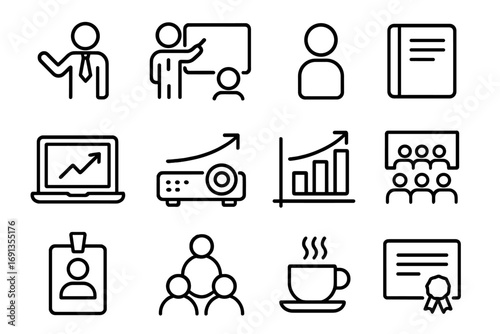 Professional Growth Icons. Outline icon set of professional growth workshops: instructor, whiteboard, student,