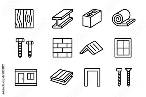 Building Materials Icons. Outline icon set of building materials: wood panel, steel beam, concrete block,