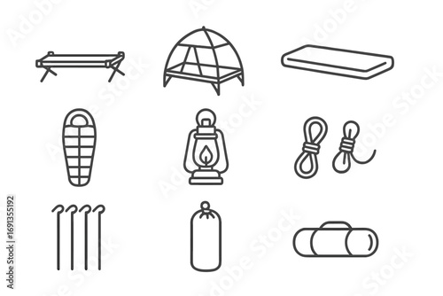 Camping Gear Icons. Outline icon set of Camping-style bed canopies: portable frame, mosquito net, lightweight