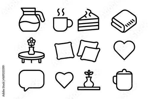 Cozy Coffee Icons. Outline icon set of Couples enjoying coffee: coffee pot, mugs, cake slice, table