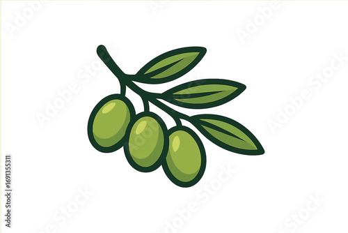 Green olive branch vector illustration. Cartoon icon for olive oil, healthy food, or cosmetic products. Isolated symbol for Mediterranean diet, Greek or Italian cuisine, organic cooking.