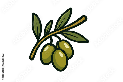 Olive branch with green olives and leaves vector illustration. Simple, modern cartoon icon for logo design. Concept for organic food, healthy eating, and olive oil product.