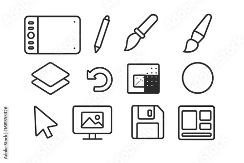 Digital Art Tool Icons. Outline icon set of digital painting tools: drawing tablet, stylus pen, color picker, paintbrush icon,