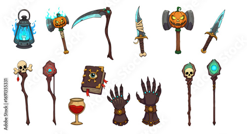 A collection of cartoon fantasy weapons, magical items, and spooky accessories.