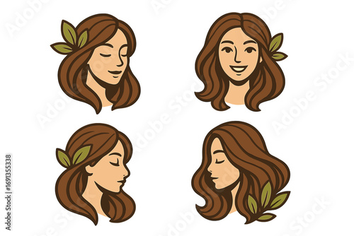 Woman face logo collection for beauty, spa, cosmetics. Natural, organic concept with leaves. Set of elegant female portraits. Vector illustration for brand identity emblem.