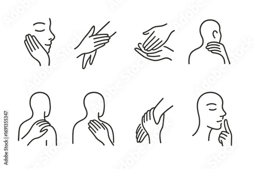 Icon Grids_ Care and Love. Outline icon set of delicate care: hand on cheek, gentle touch on arm, fingers lightly pressing palm,