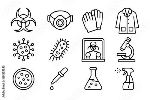 Biohazard Research Icons. Outline icon set of Biohazard research: biohazard symbol, protective mask, gloves,