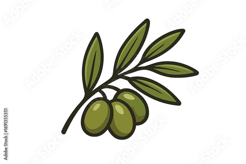 Olive branch with green olives vector icon. Cartoon illustration for healthy food, olive oil production, Greek or Mediterranean cuisine. Natural organic product symbol.