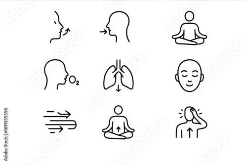 Breathing Icons Grid. Outline icon set of breathing for relaxation: deep inhale, slow exhale, meditation pose,