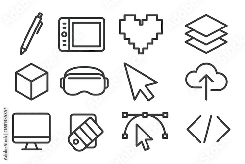 Digital Art Tools. Outline icon set of digital art: stylus pen, drawing tablet, pixelated heart, layers icon, 3D cube, VR headset,