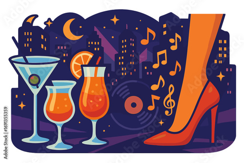 Nightlife vector concept. City party with cocktails, music, vinyl record. Woman's leg in high heels. Urban celebration, bar, disco poster. Flat cartoon illustration.