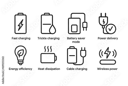 Simple Icon Grid. Outline icon set of charging technology: fast charging, trickle charging, battery saver mode, power delivery,