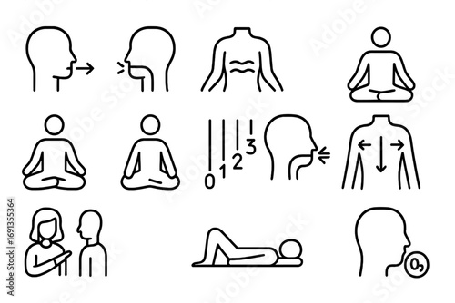 Breathing Exercises Icons. Outline icon set of breathing exercises: deep inhale, slow exhale, diaphragmatic