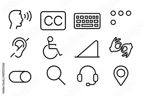 Digital Accessibility Icons. Outline icon set of Digital accessibility & inclusion: screen reader icon, captions CC, keyboard,