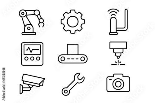 Robotics Icon Set. Outline icon set of Robotics in inspection: robotic arm, gear, sensor, control panel,