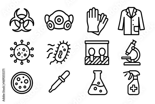 Biohazard Research Icons. Outline icon set of Biohazard research: biohazard symbol, protective mask, gloves,
