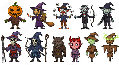 A collection of charming Halloween-themed cartoon characters, each with unique costumes and accessories.