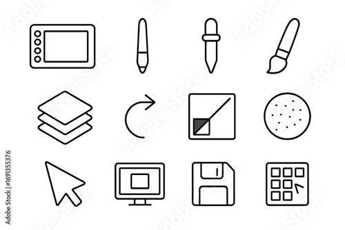 Digital Art Tool Icons. Outline icon set of digital painting tools: drawing tablet, stylus pen, color picker, paintbrush icon,