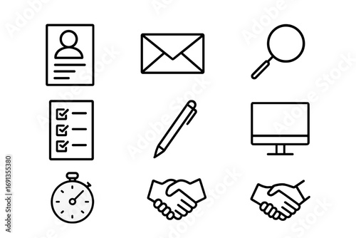 Job Application Icons. Outline icon set of Job application process: resume, envelope, magnifying glass,