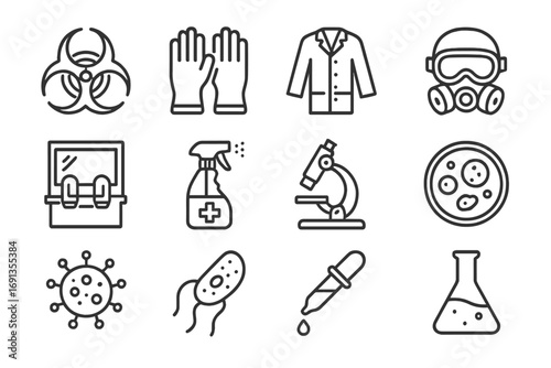 Lab Safety Icons. Outline icon set of Laboratory safety in pathogen research: biohazard symbol, gloves, lab