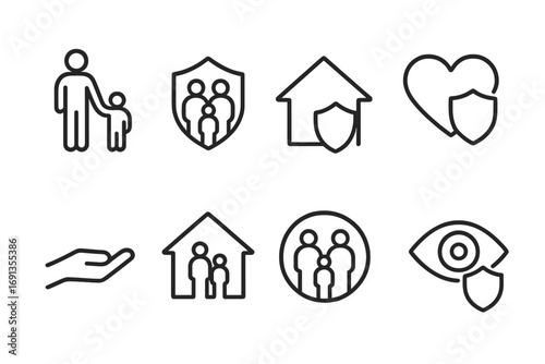 Guardian Family Icons. Outline icon set of guardian family: adult holding child hand, family shield, home protection, heart with