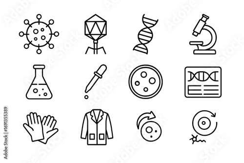 Virus Morphology Icons. Outline icon set of Virus morphology analysis: virus particle, capsid, RNA strand,