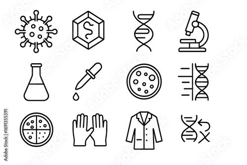 Virus Morphology Icons. Outline icon set of Virus morphology analysis: virus particle, capsid, RNA strand,