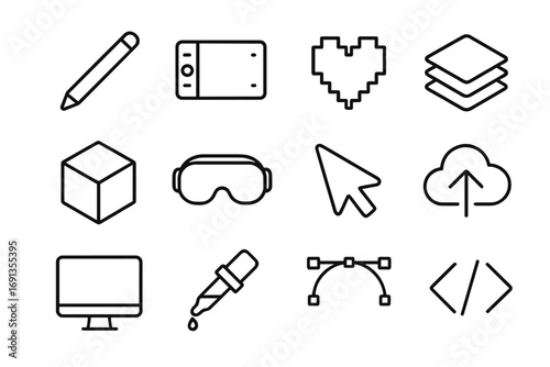 Digital Art Tools. Outline icon set of digital art: stylus pen, drawing tablet, pixelated heart, layers icon, 3D cube, VR headset,