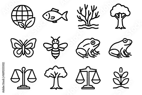 Biodiversity Icon Set. Outline icon set of biodiversity protection: globe with leaves, fish, coral reef,