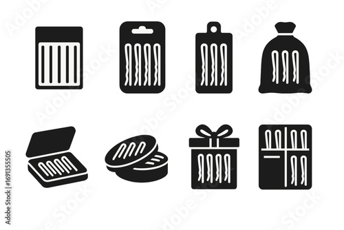 Hairpin Packaging Icons. Solid, filled icon set of hairpin packaging: hairpin box, blister pack, hanging card, velvet pouch,