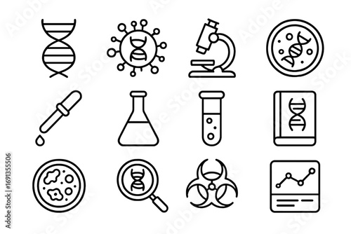 Viral DNA Analysis Icons. Outline icon set of Viral DNA analysis: DNA strand, virus particle, microscope,